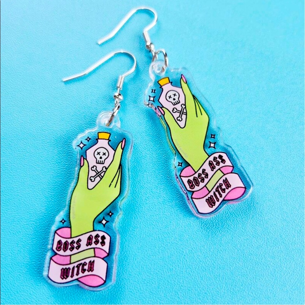 Boss Ass Witch Poison ☠️ Novelty Drop Earrings NWT